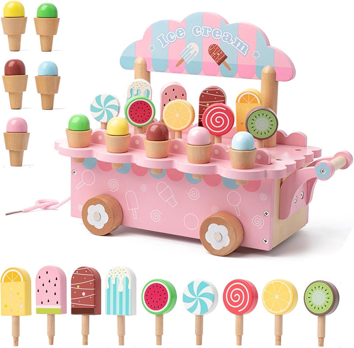 Houten ijswagen - Speelgoedkeuken - Rollenspel - Inclusief accessoires - 25 x 20 cm - Roze
