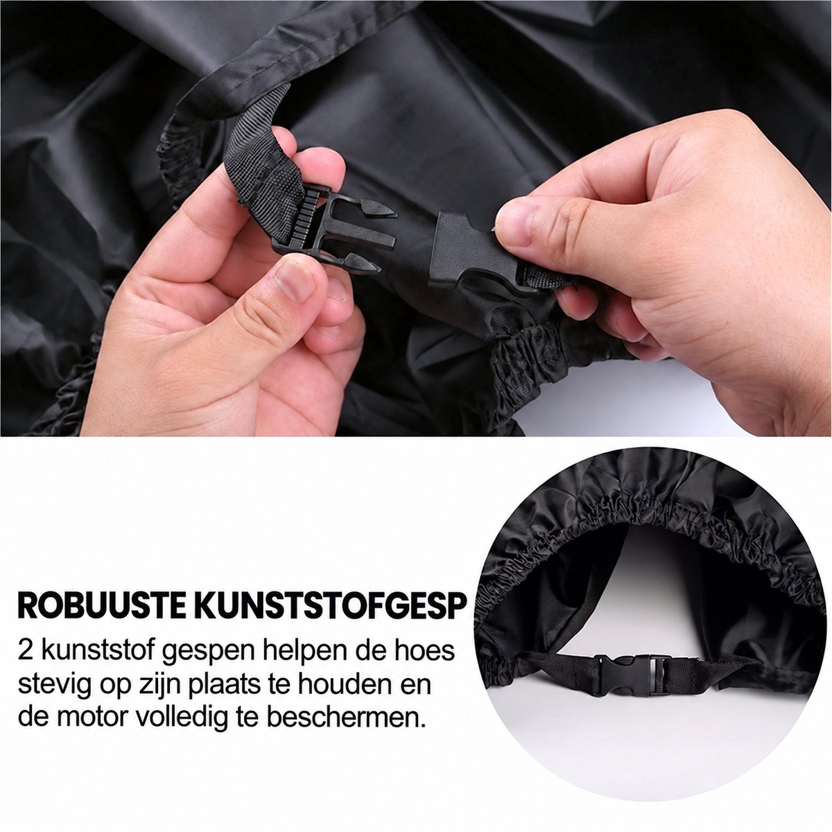 Motorhoes en Fietshoes – Waterdichte Motorafdekking & Beschermhoes voor Fiets – 210D Oxford-stof – Voor Motor, Fiets, E-bike, Scooter en Brommer – Met Slotogen, Klikgesp en Elastische Zoom – XL 245 x 105 x 125 cm – Zwart – foto 2