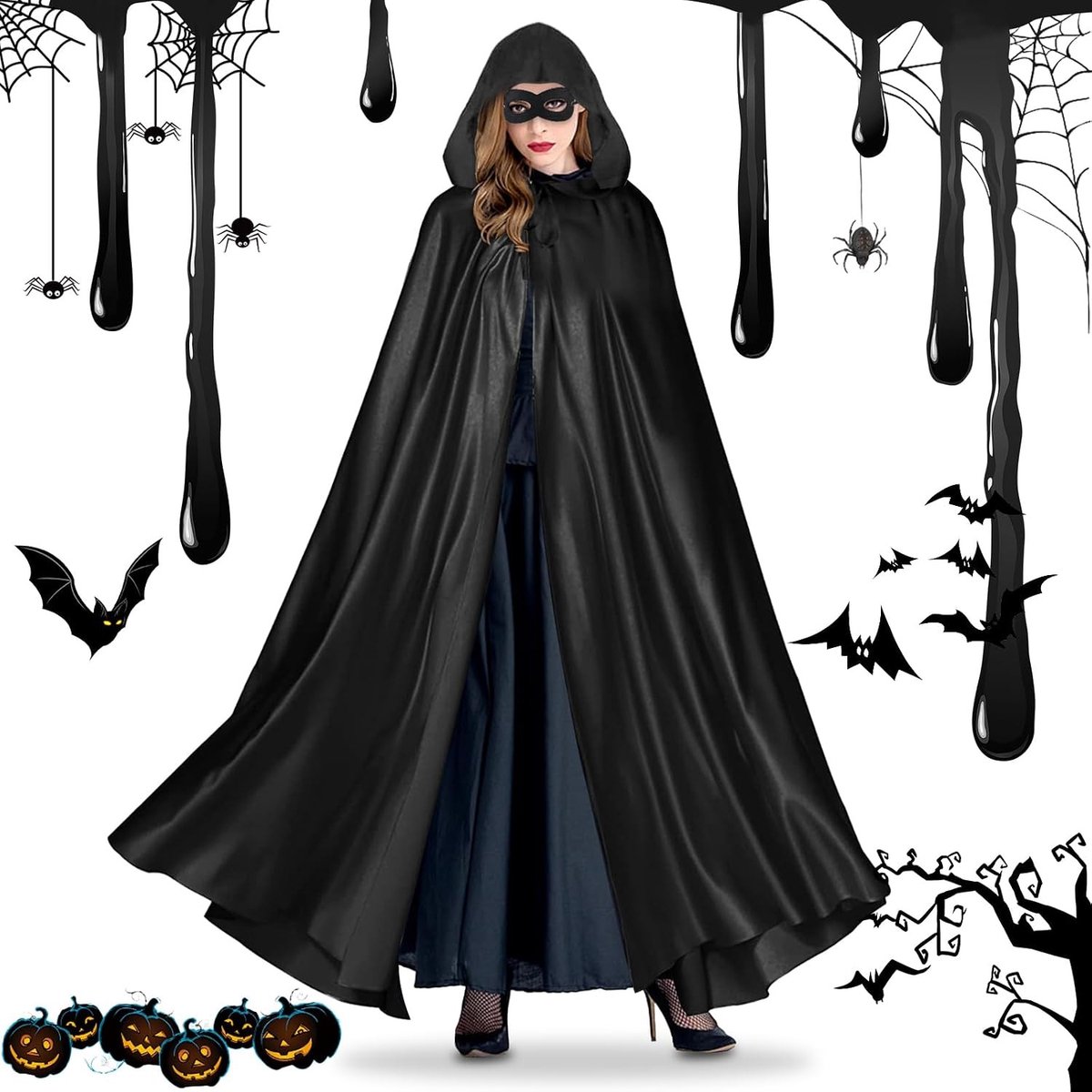 Zwarte Halloween Cape met Oogmasker voor Vampiers - Kostuum voor Volwassenen en Kinderen, Perfect voor Halloween Feest en Kostuumverkleedpartijen