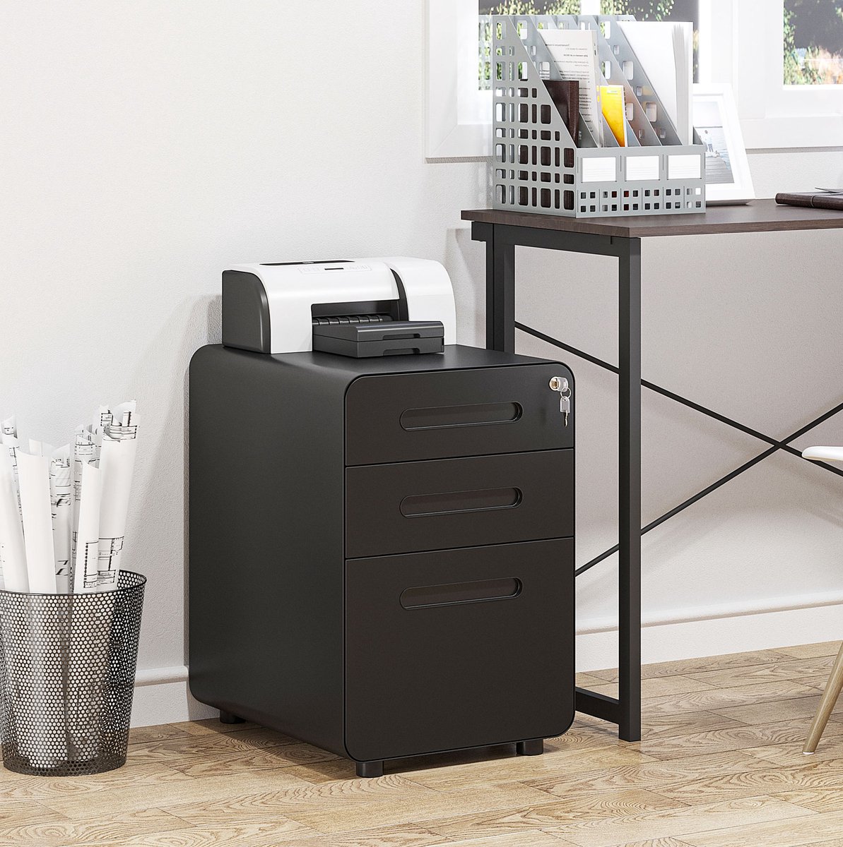 WUVRIE Archiefkast op wielen 39x48x59 cm - 3 lades met slot en hangmappenhouder - Zwart