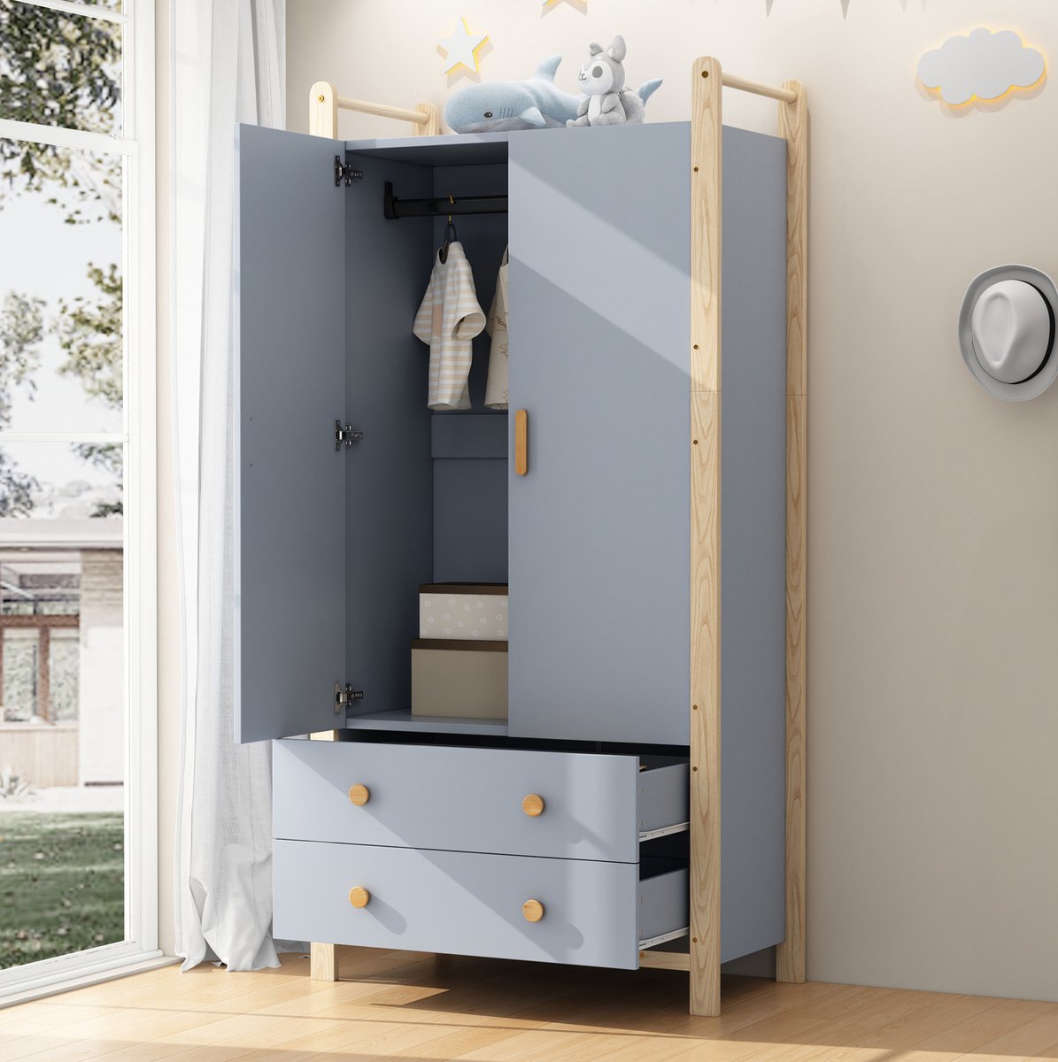 WUVRIE Kledingkast 89,6x44x180,5 cm - 2 deuren, kledingroede en 2 lades - Blauw/naturel