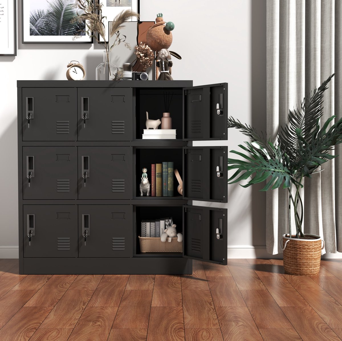 WUVRIE Metalen lockerkast 90x40x100 cm - 9 afsluitbare vakken met ventilatie en kaartvakken - Zwart