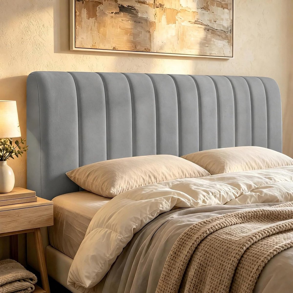 Hoofdbordbekleding van fluweel, verdikte gewatteerde overtrek met zachte vulling, rekbaar en stofdicht, wasbaar en eenvoudig te bevestigen, voor verschillende bedtypes in de slaapkamer (donkergrijs