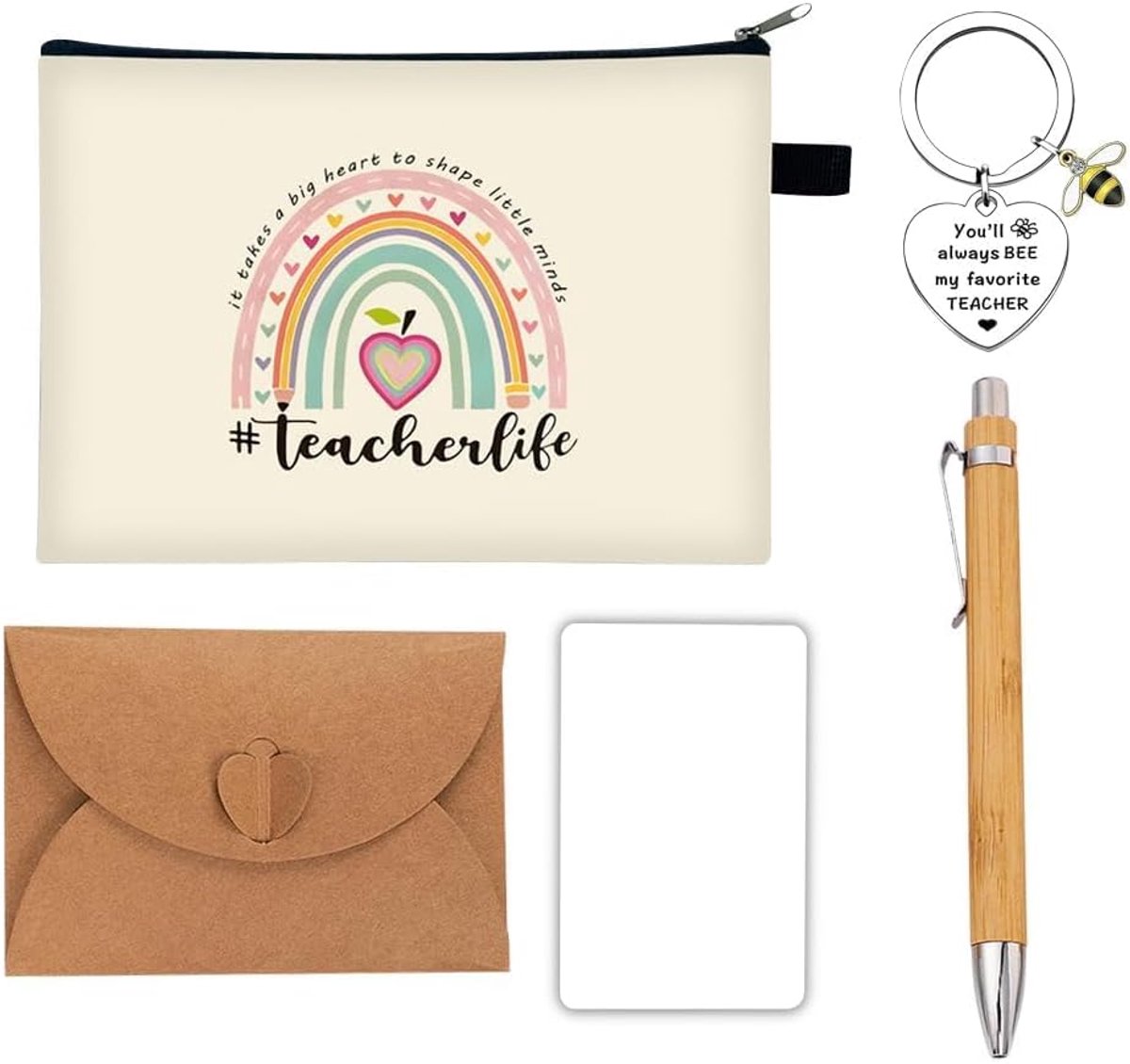 Tas met ritssluiting leraar cadeauset make-up tas regenboog motief toilettas dames cosmetische tas met sleutelhanger pen kaarthouder voor leraar