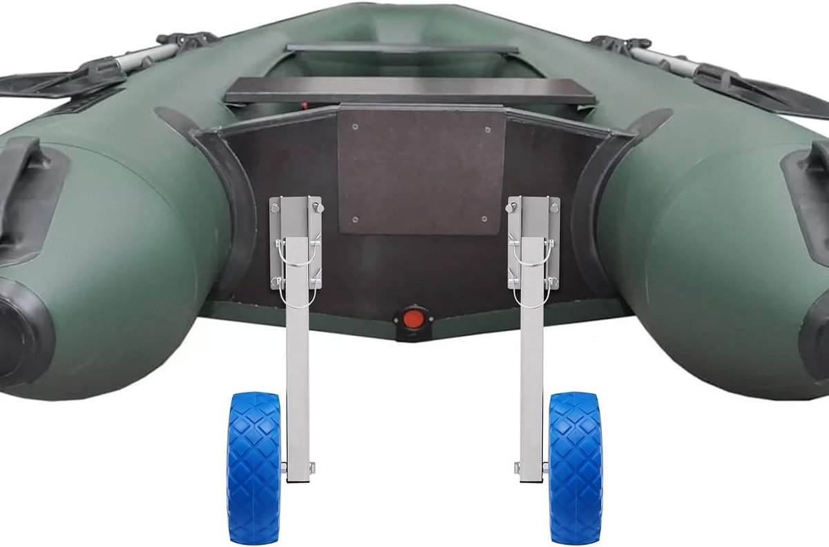 2 stuks inklapbare slipreder achterwielen voor rubberboot, bootwagen, opvouwbaar met luchtbanden, transportwielen tot 150 kg voor opblaasbare boot, kajak en jetski's, rubberbootaccessoires