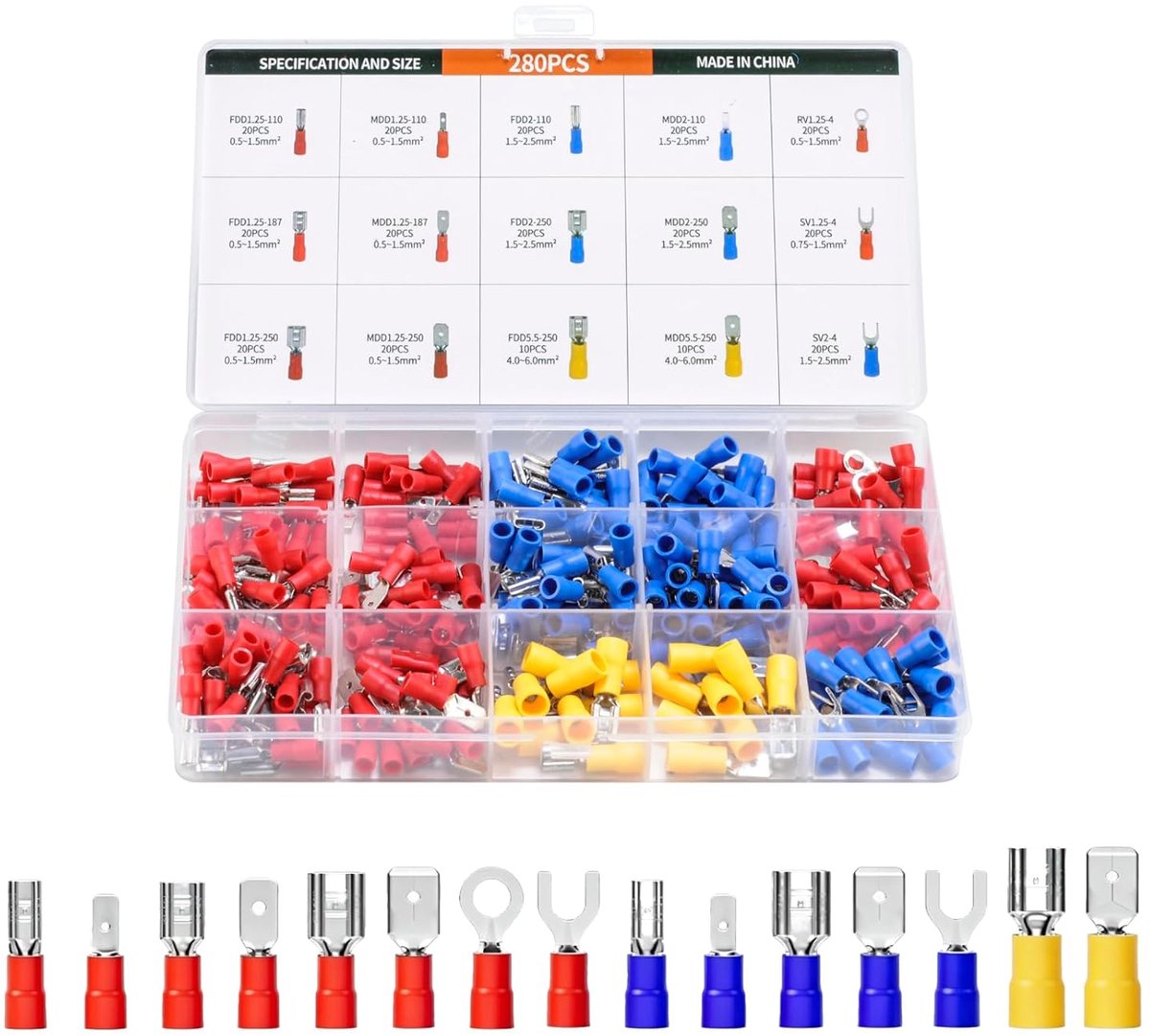 280 stuks kabelschoenenset, 0,5-6,0 mm² krimpverbinders, auto-kabelverbinders, ringkabelschoenen, platte stekkers, krimpverbinders, stootverbinders, assortiment voor automonteurs