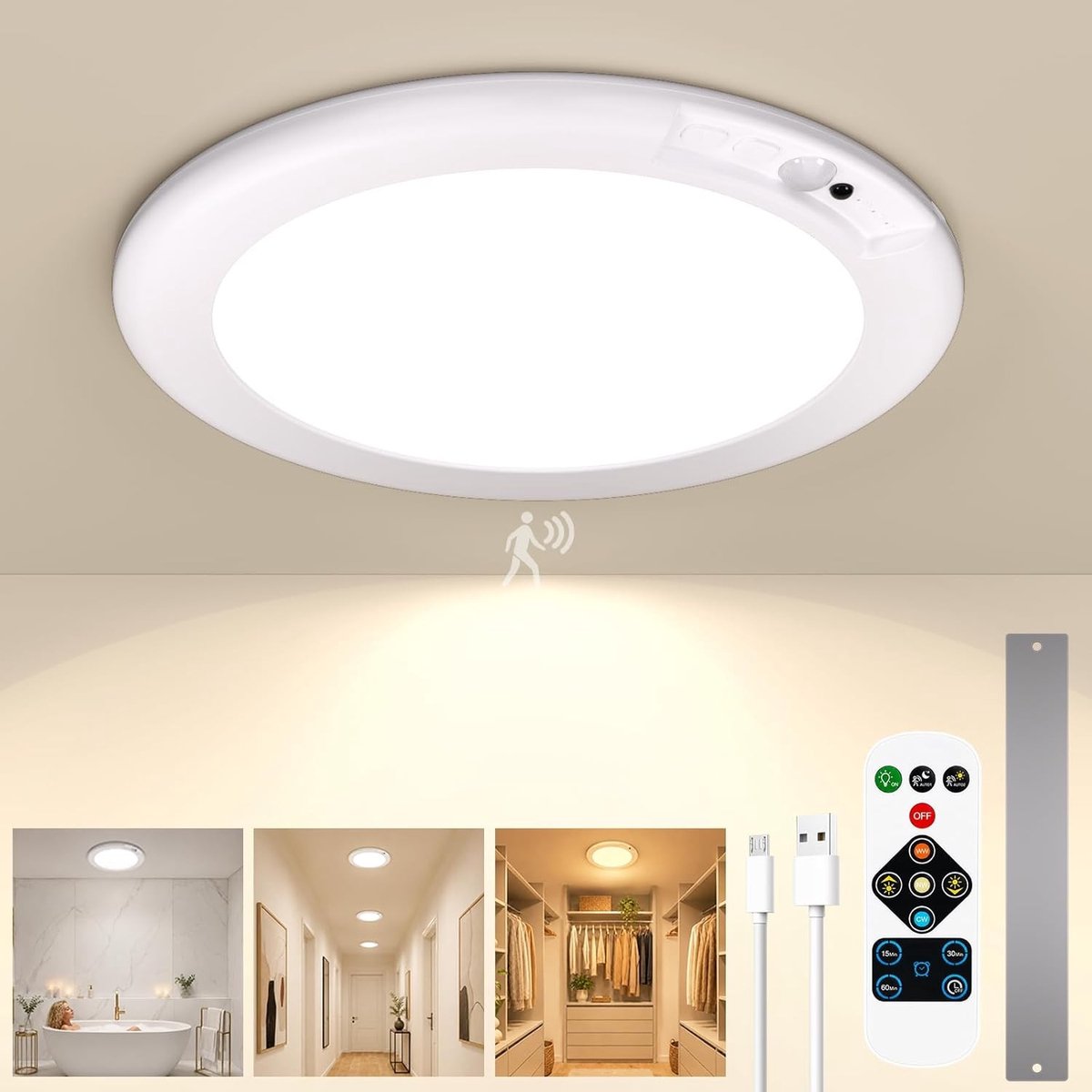 Dimbare Oplaadbare Plafondlamp met Bewegingssensor, 8000 mAh, 3 Sensorstanden en Magnetische Montage zonder Boren