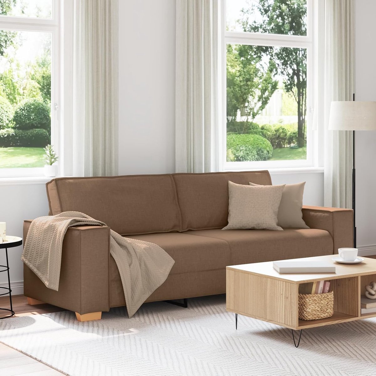 3-zitsbank, bruin, 180 cm, stof, polyesterweefsel, zitmeubel met brede armleuningen en stabiel hout, metalen frame voor ontspanning, comfort, gezelligheid