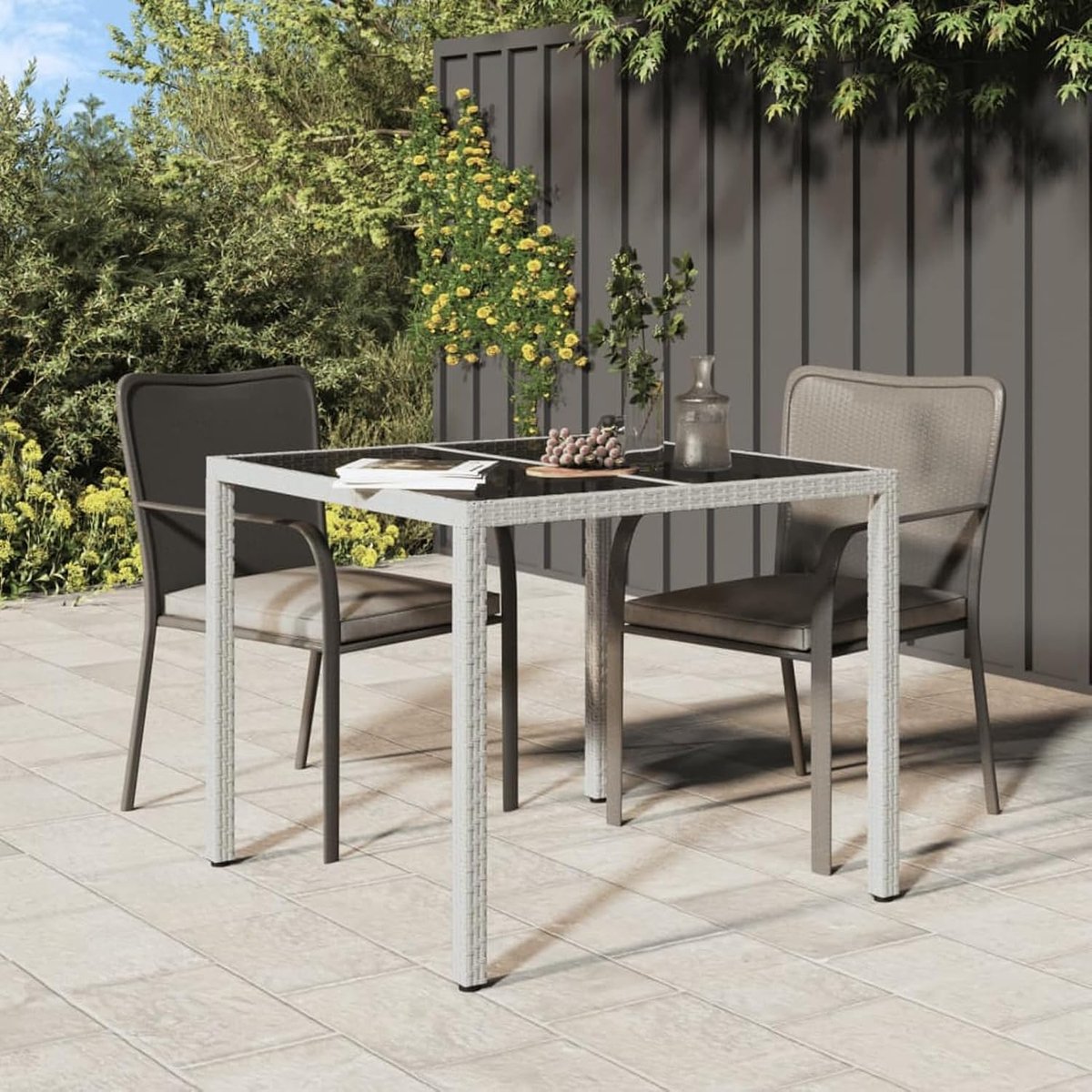 90 x 90 x 75 cm gehard glas en polyrotan wit, tuintafel, standaard tuintafel, tuintafel (SPU:316702)