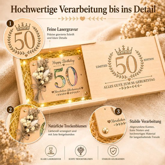 Geldgeschenken voor de 50e verjaardag van hout, verpakking met gelframe, gedroogde bloemen, cadeau voor 50e verjaardag, vrouw man, voor levenspartners — afbeelding 3
