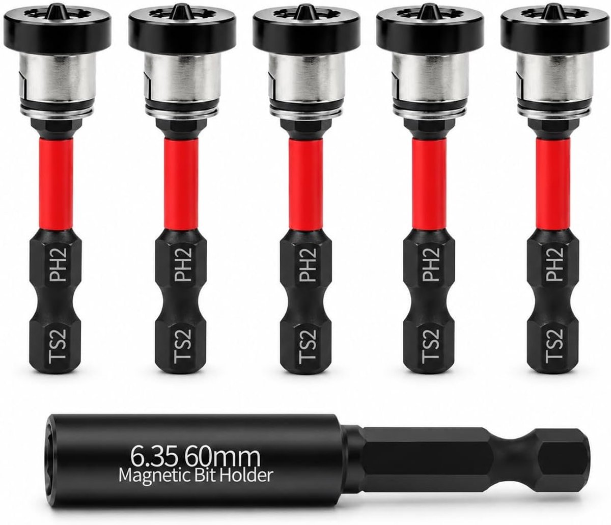 6 stuks magnetische PH2-bits 1/4 inch voor gipsplaat, schroevendraaierbit voor gipsplaat, met magnetische bithouder - ShopVlot