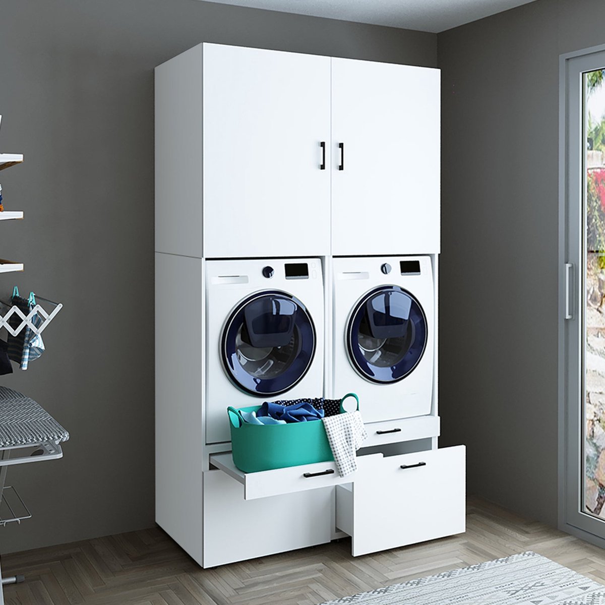 Roomart SERIE 2 Wasmachine Ombouwkast 134x240 cm - Dubbele Kast voor 2 Apparaten - Wit