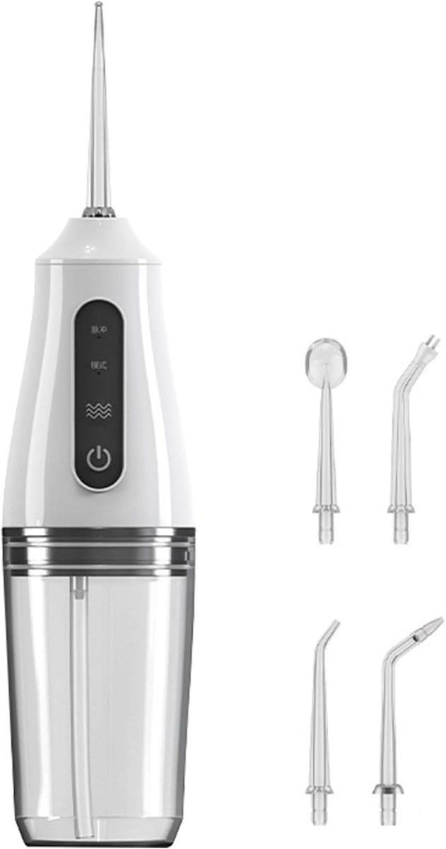 Deze draadloze, draagbare waterflosser heeft 3 standen en 4 verwisselbare opzetstukken, ondersteunt opladen via USB, heeft een waterdicht wit ontwerp en is geschikt voor mondhygiëne en tandheelkundige instrumenten.