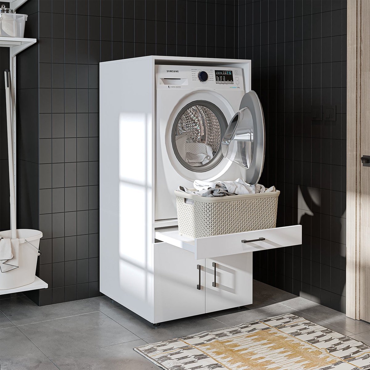 Roomart SERIE 3 Wasmachine Ombouwkast 67x145 cm - Uittrekblad en Lade - Wit
