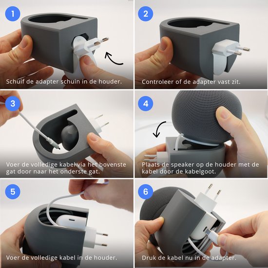 Houder voor Google Home speaker - Wandhouder voor stopcontact - Met kabelbeheer - Grijs — afbeelding 3