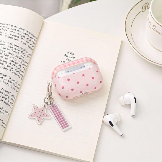 Hoes voor AirPods Pro 3 (2025) met reinigingsset, retro ruitpatroon hoes met ster sleutelhanger, beschermhoes van zacht TPU voor AirPods Pro 3 - roze geruit — afbeelding 4