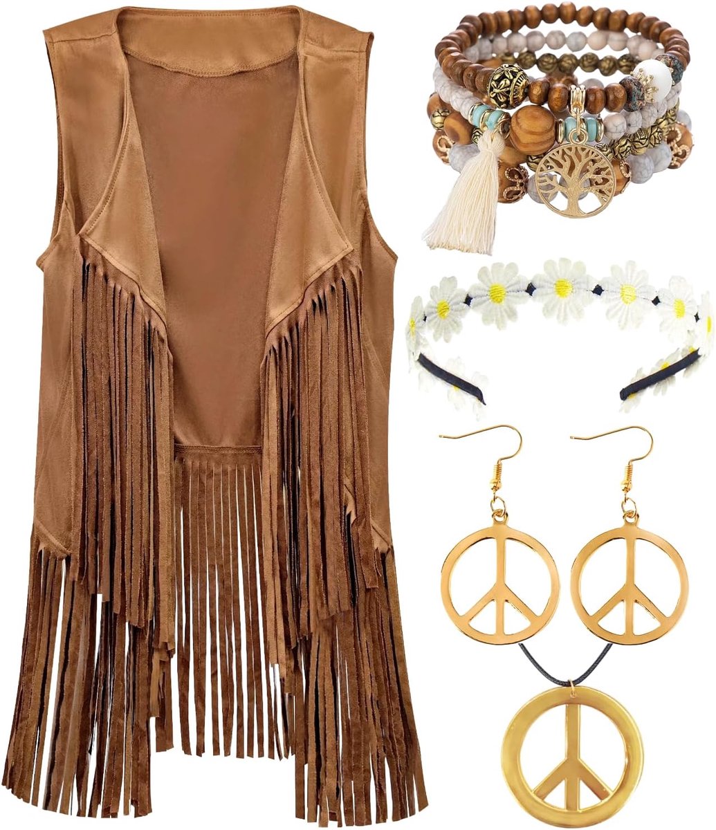 Kasahara Hippiekostuum voor dames, jaren '60 en 70, hippie-kleding, vest met franjes, hippie-accessoires, hoofdband, bril, ketting, armband voor slagermove, carnavalskostuums, festivaloutfit