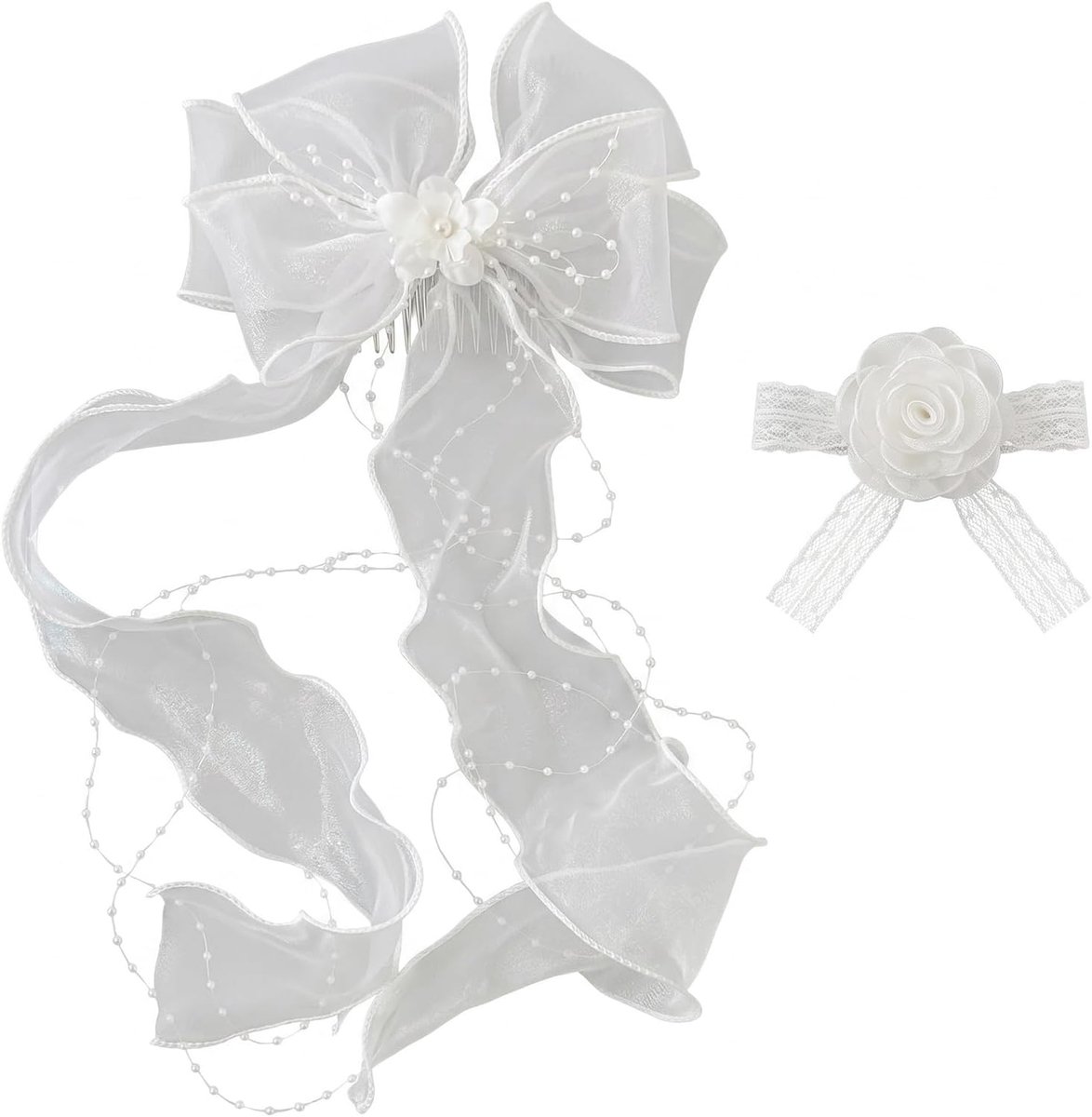 Set van 2 haaraccessoires voor bruiloft en bloemenarmband: witte bloemenkrans voor meisjes en vrouwen, hoofdsieraden voor eerste communie, ceremonie en bruidsmeisje