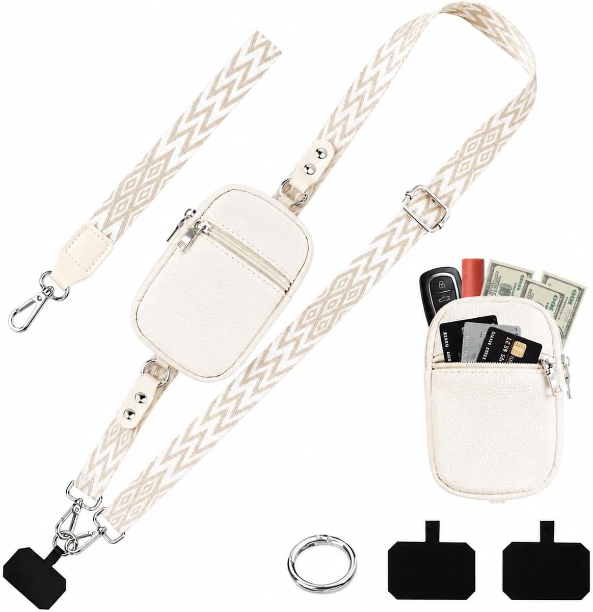 Telefoonketting om om te hangen met tas, wit, 70 cm