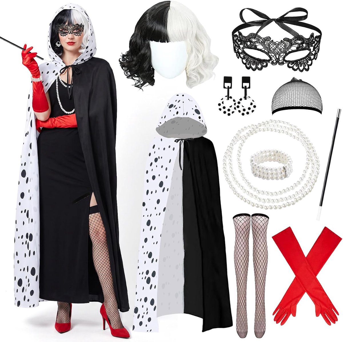 Kostuum voor dames, Cruella Devil kostuum, 10 stuks Cruella Devil kostuum voor dames, Cruella kostuum met cape, Cruella dames cosplay set voor carnavalskostuum vrouw Halloween carnaval kostuum