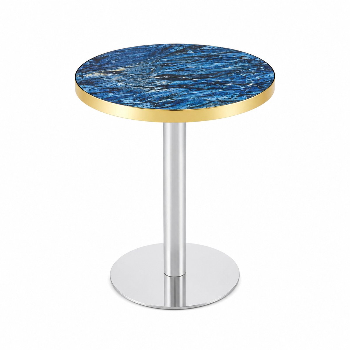 REDOM Bijzettafel - Rond blauw MDF tafelblad met marmerlook - Gouden rand - Metalen kolom met ronde voet - Krasbestendig oppervlak - Blauw goud en zilver - 60 x 60 x 73,7 cm