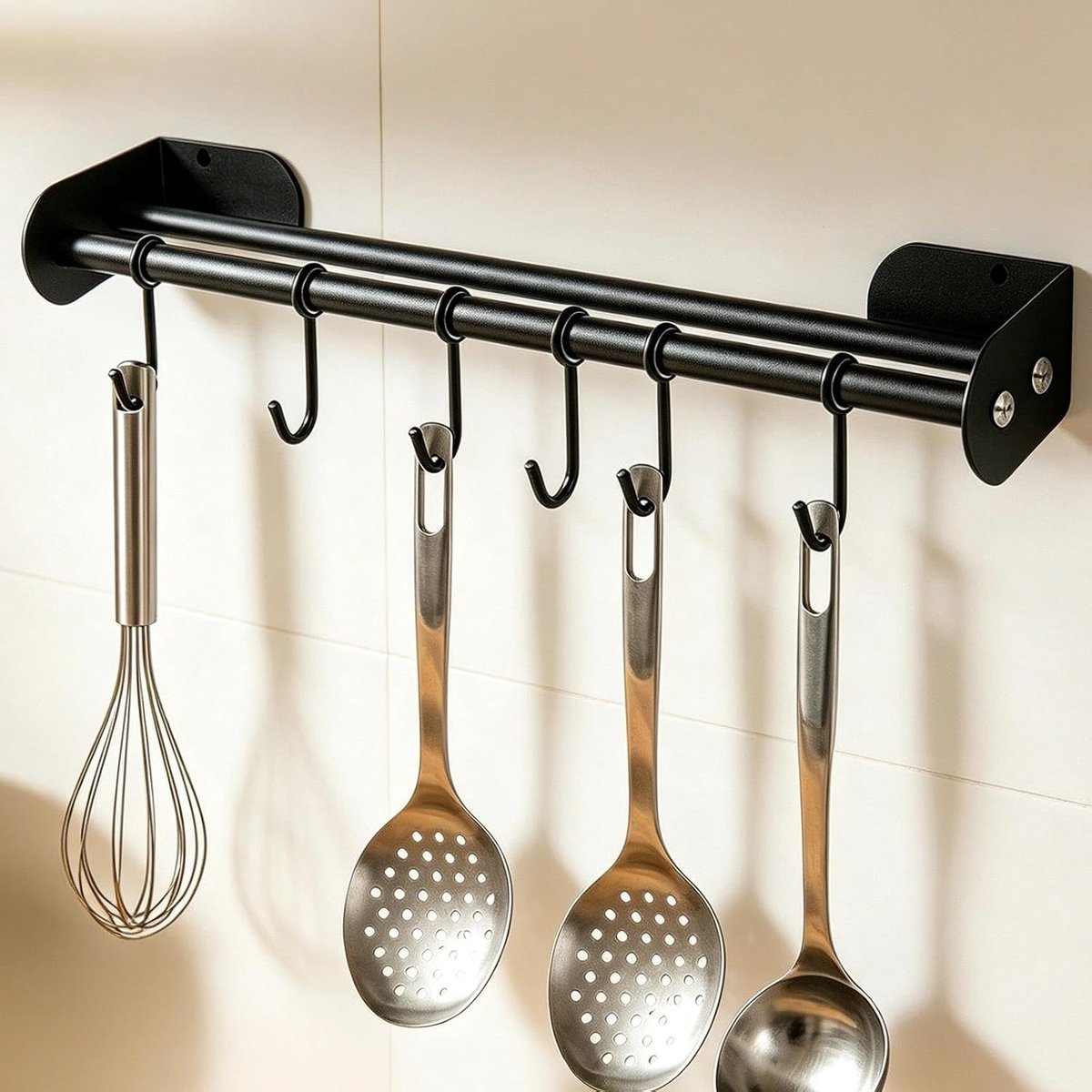 Keuken, 40 cm, keukenreling met 6 haken, beweegbaar, dubbele stangen voor keukengerei, zwarte dekselhouder en messenhouder, voor keuken, badkamer en woonkamer