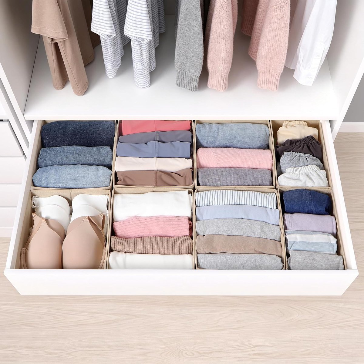 Set van 8 lade-organizers geschikt voor PAX kledingkast, 100 x 58 cm, opvouwbare lade-inzet voor kleding en kinderkleding, modulair design, stabiel, beige