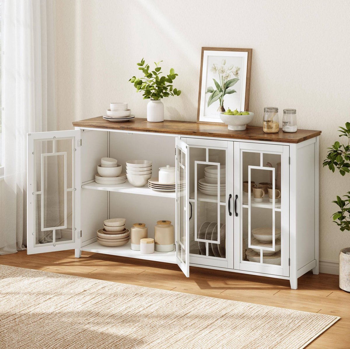 MODFU - Keukenkast - Glazen Deuren - Houtlook Werkblad - Keuken - MDF - Wit - 160 X 40 X 86 Cm