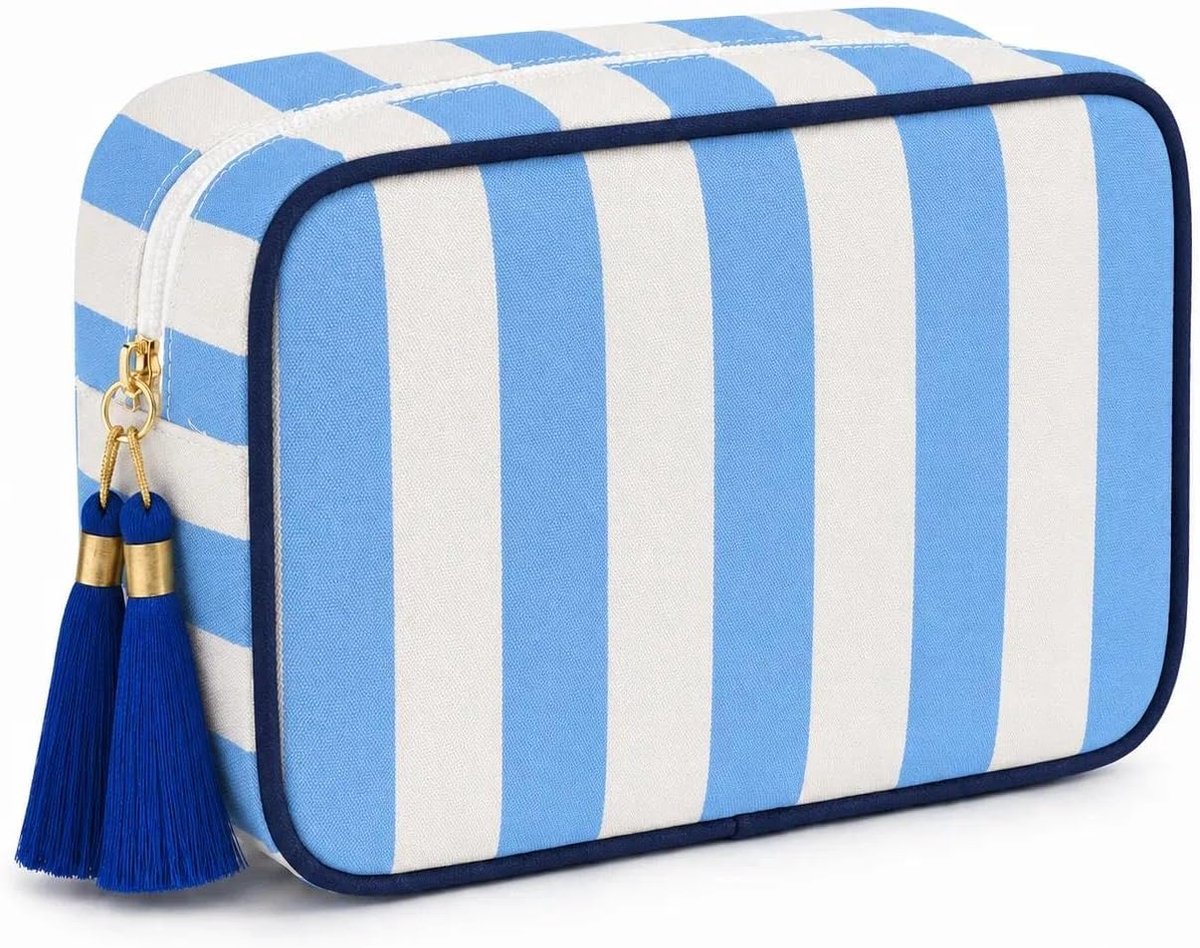 Dames make-up tas – Grote canvas cosmetische tas met pompom rits, waterdichte toilettas voor reizen en dagelijks gebruik, cadeau met streepjespatroon Wit-Blauw