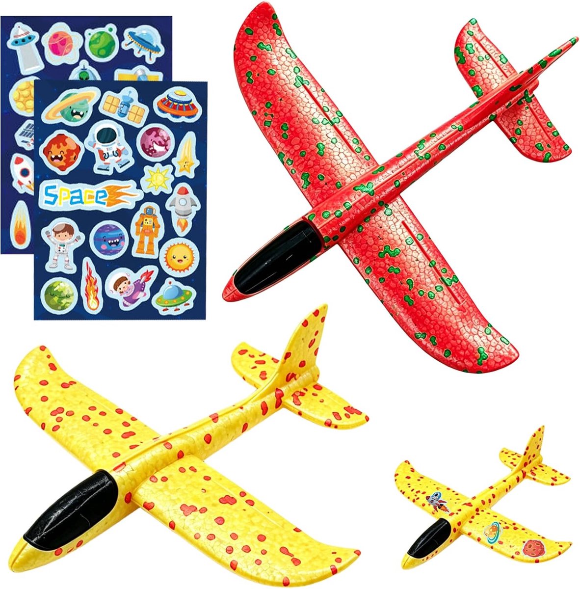 2 stuks piepschuim vliegtuig, speelgoed voor kinderen met astronautenstickers, spel tuin buiten, geel en groen