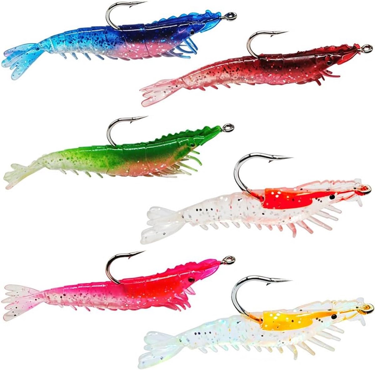 6 stuks kunstmatige garnalenaas, mooie kleuren, bionic shrimp voor het vissen in de open lucht, zacht aas met haak, 6 kleuren.