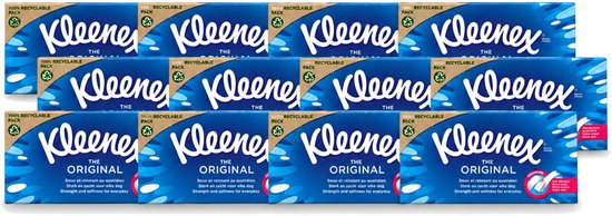 Douze paquets de mouchoirs Kleenex The Original, bleus avec logo blanc, emballage 100% recyclable.