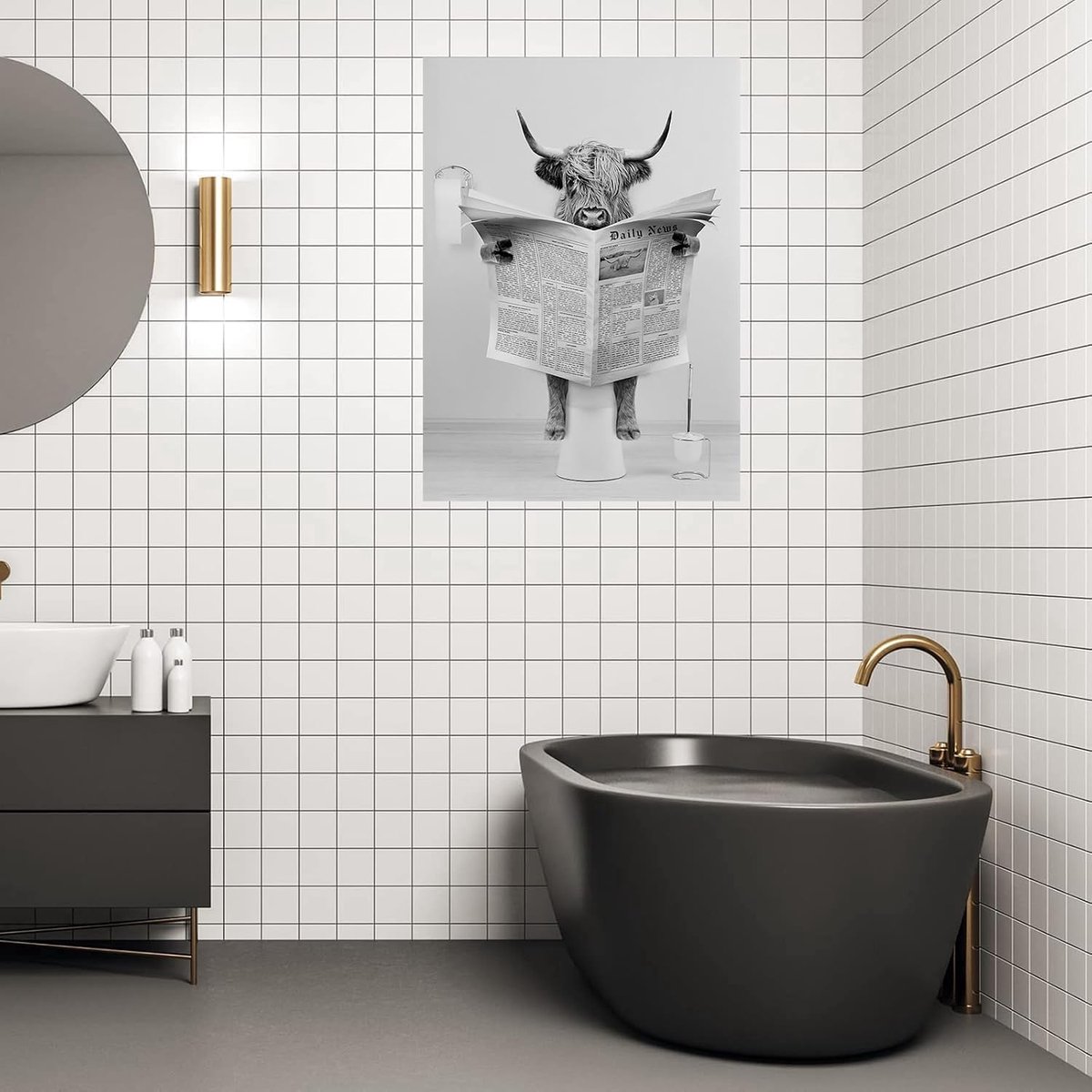 LYBOHO Black White Scottish Highland Cattle Bathroom Pictures Funny Animal in Bath Canvas Pictures for Living Room - ShopVlot