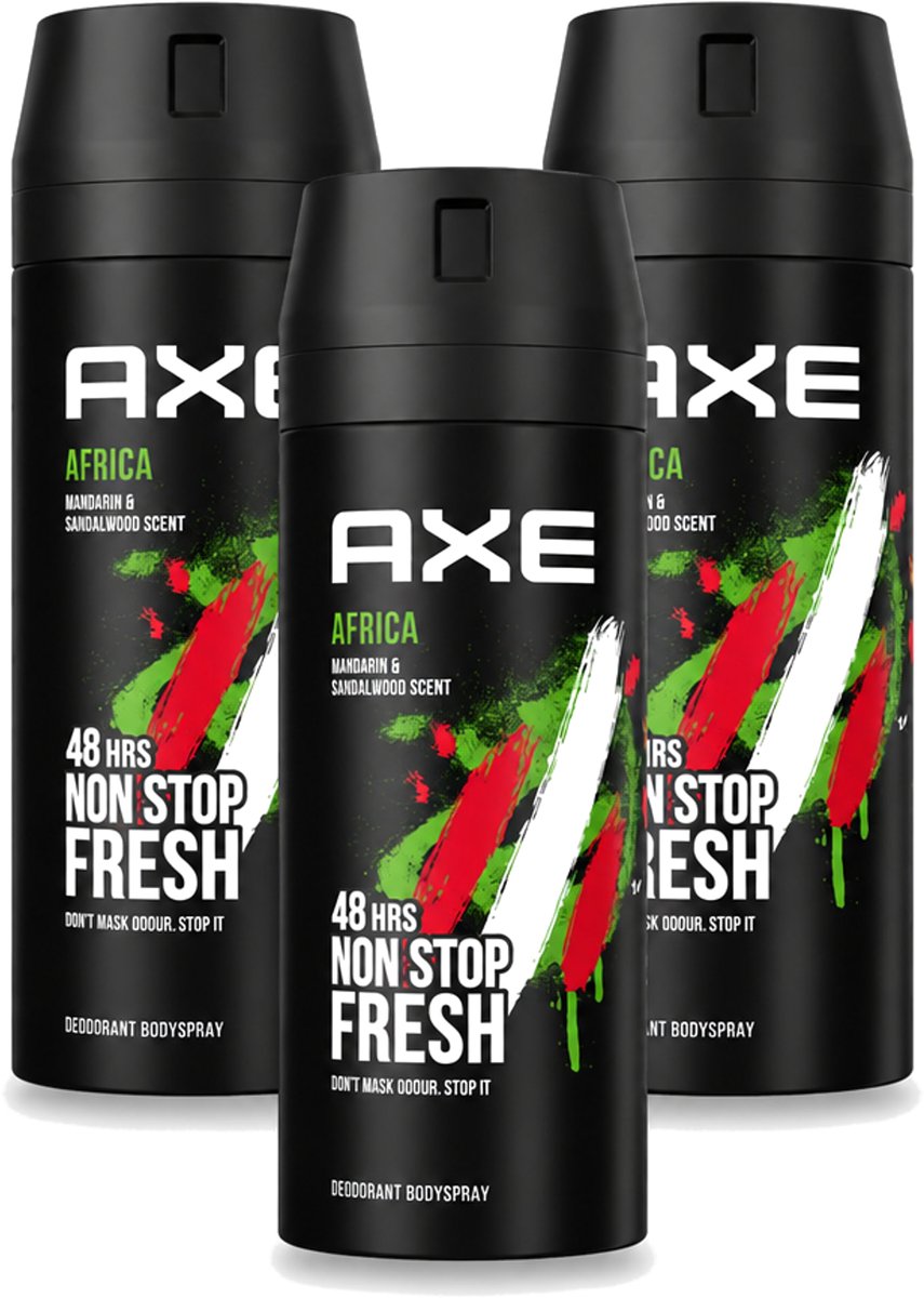 3 x Axe - Deodorant Bodyspray - 48hrs Non Stop Fresh - Africa - Mandarin & Sandalwood - 150 ml - Voordeelverpakking - 3 stuks