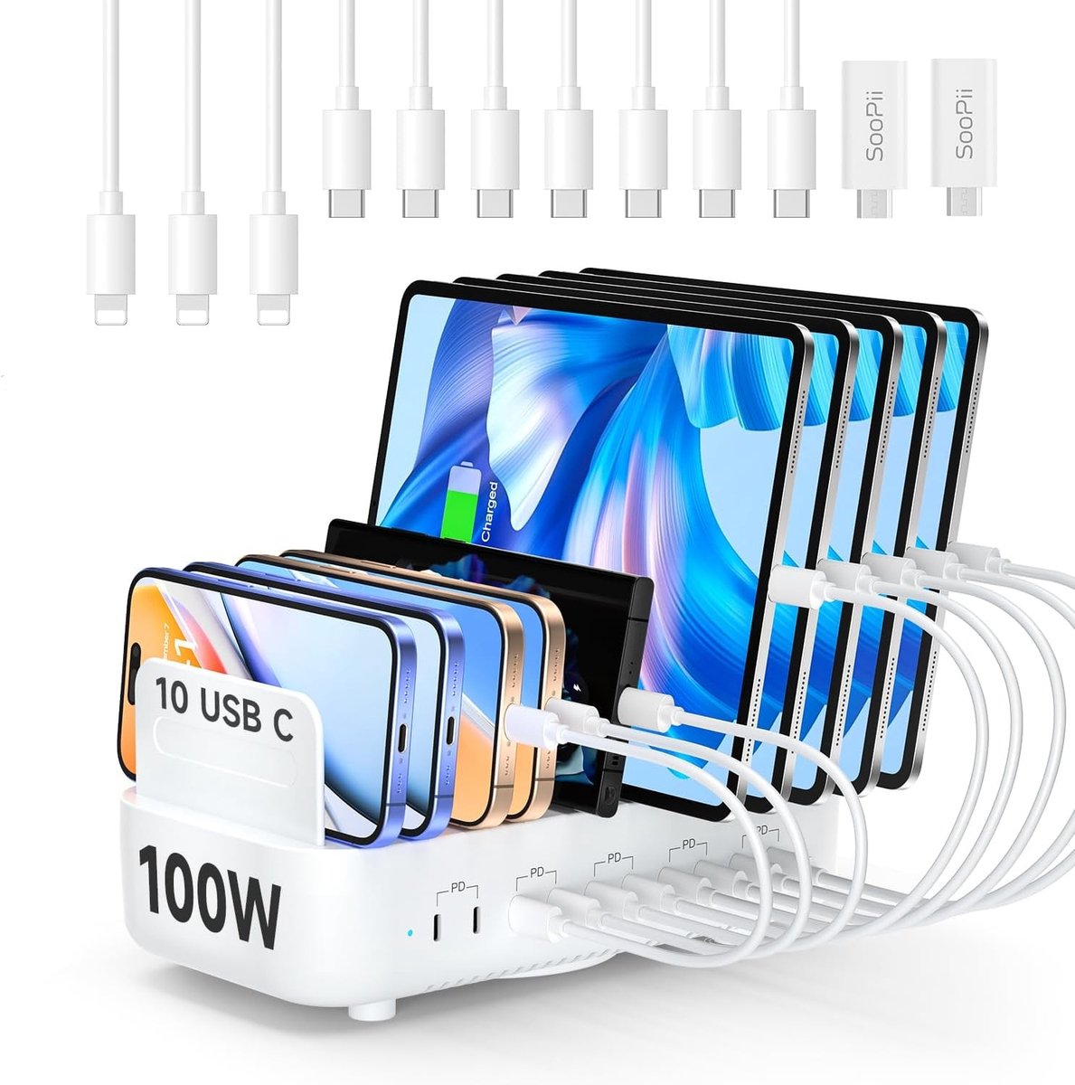 Multi-USB Oplaadstation met 100W, 10 Poorten, Snelladen voor Telefoon, Tablet en Kindle met Verstelbare Scheidingswanden en USB-C Kabels