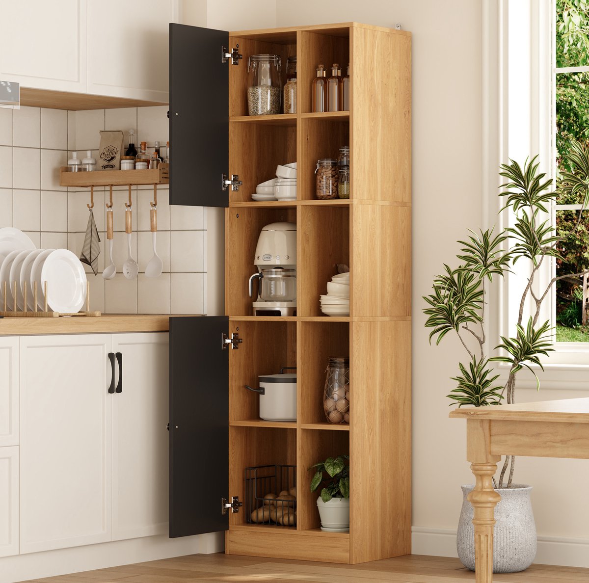 MODFU - Keukenkast - 6 Open Vakken - 2 Deuren - MDF - Antraciet/Houtlook - 50x35,5x170 Cm