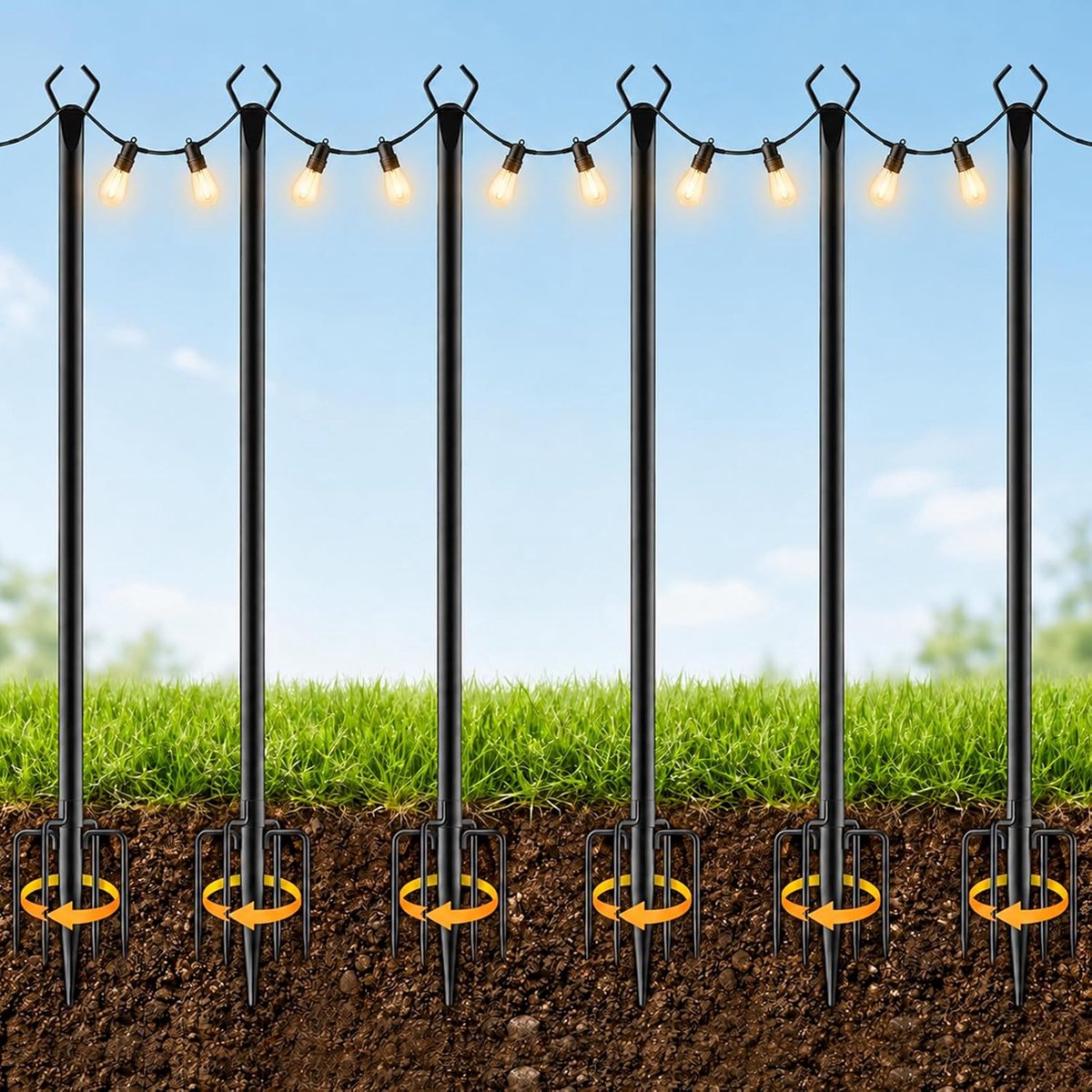 6 stuks houders voor lichtketting voor buiten, 3 m/10 inch met vork, metalen palen voor buiten, terras, tuin, terras, bruiloft, feest, Kerstmis