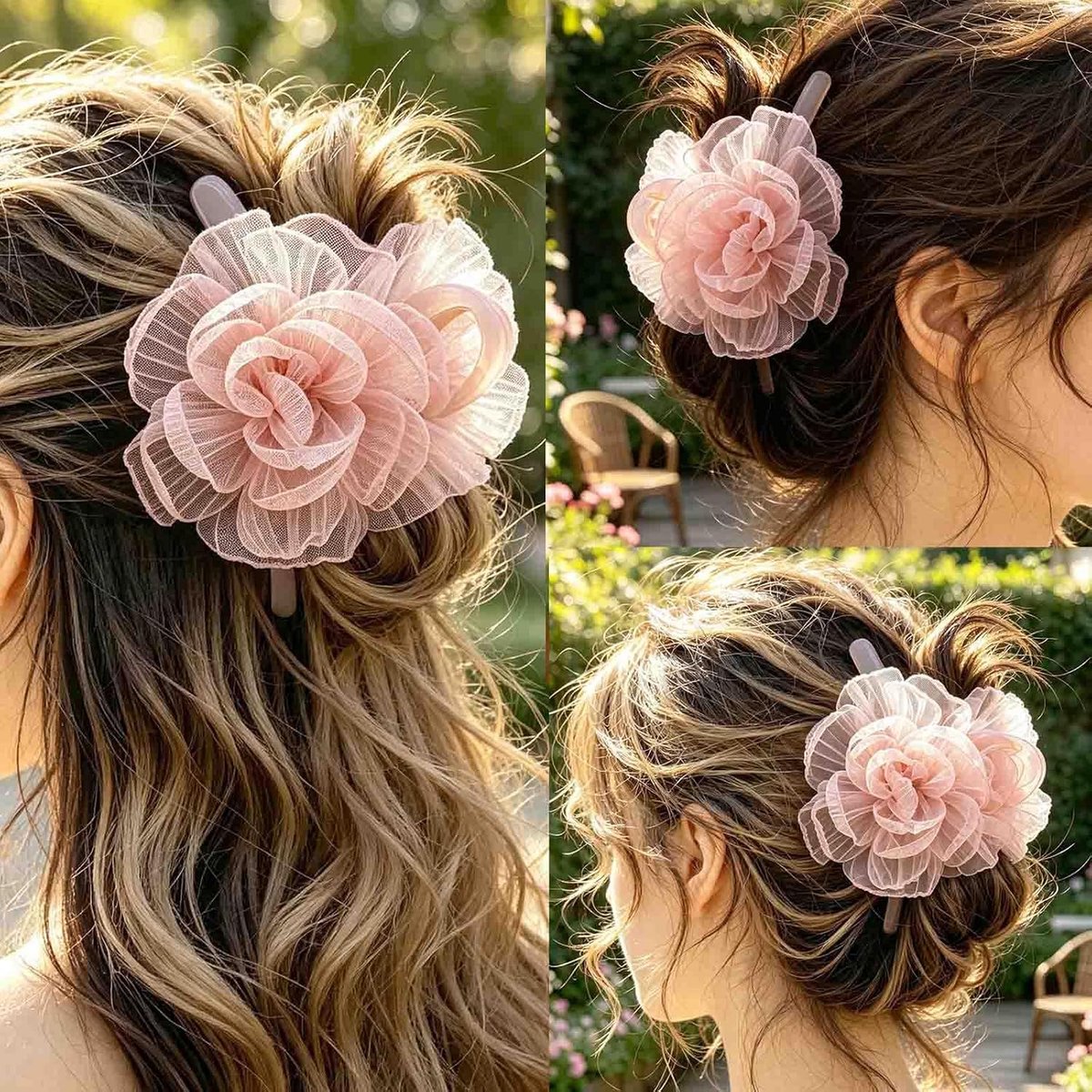 Haarset voor dames, 2-delig, organza, pioenrozen, haarklauw, clips, satijn, rozen, haarelastiek, romantische bloemen, haarsieraad voor bruiloft, strand, kantoor en feest, vrouwelijk accessoire als