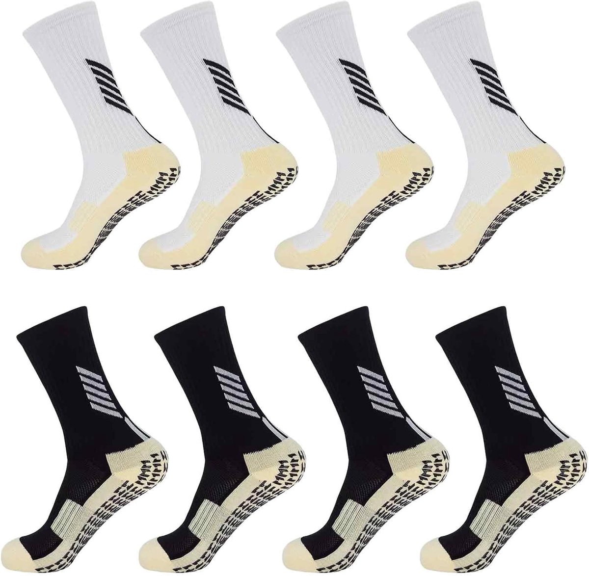 Set van 4 antislip voetbalsokken voor heren en kinderen, ademende en luchtbelvrije sportsokken, antislip, voetbal, wit en zwart, maat 38-45