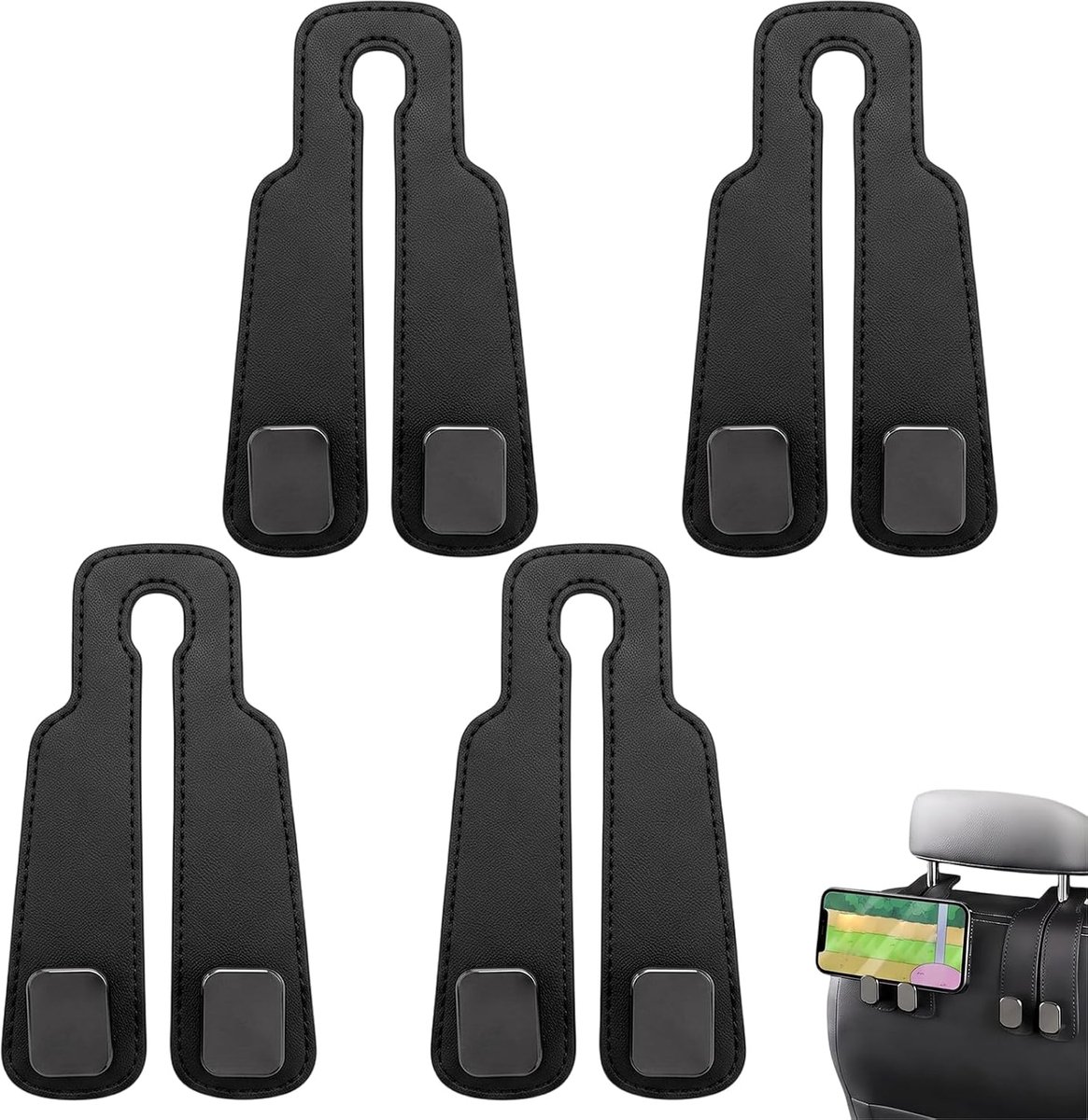 4 stuks autohoofdsteunhaken, dubbele haken voor de achterkant van de autostoel, universele tashouder, auto-organizer voor handtassen, portemonnees en boodschappentassen, auto-interieuraccessoires
