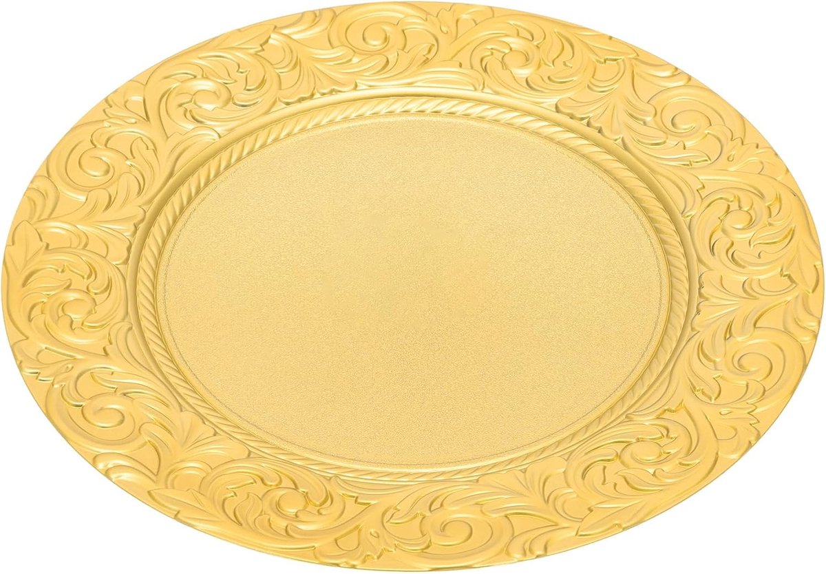 100 stuks gouden ronde serveerborden set met versierde reliëfpatroon, luxe decoratieve borden voor bruiloft, banket, feest, catering, dessert, taart, diner, feestelijke tafeldecoratie
