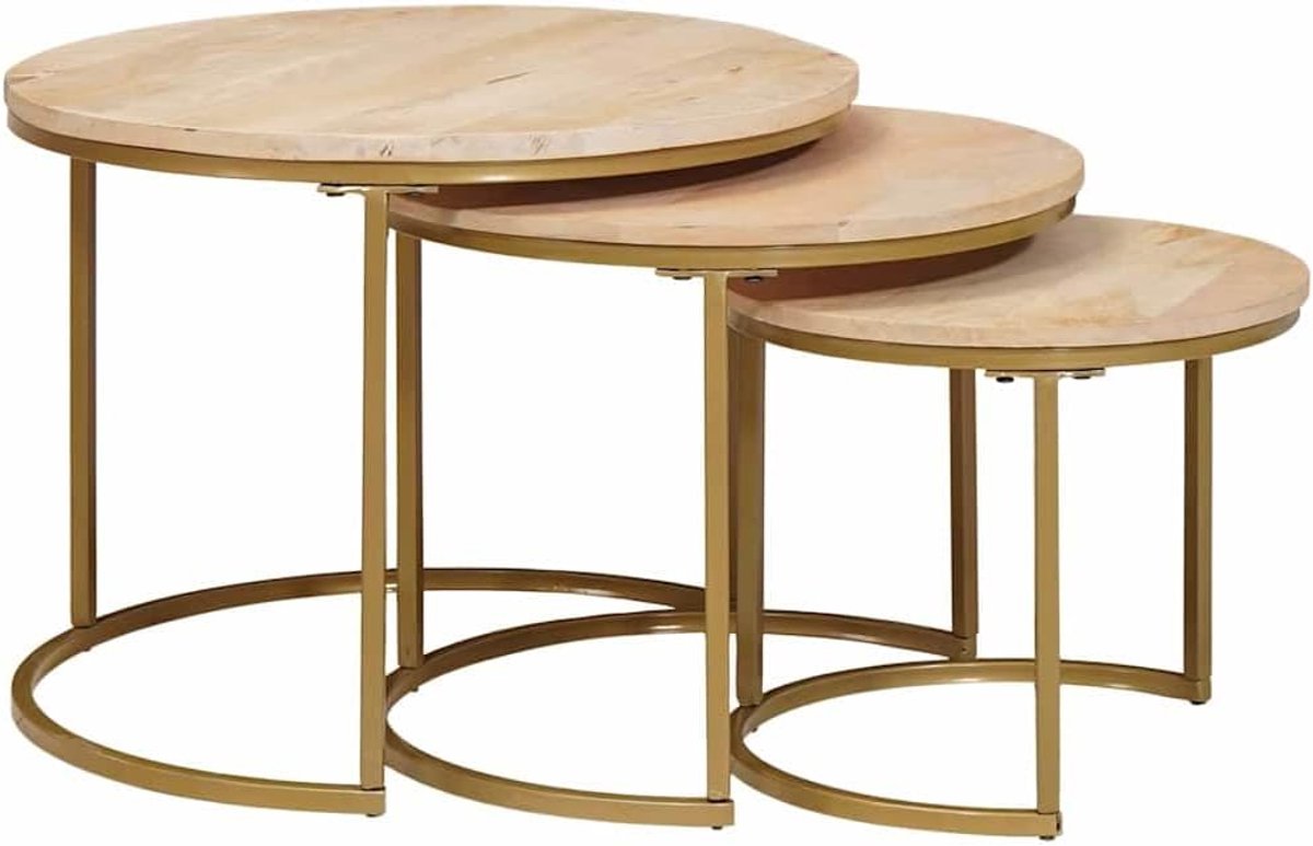Massief mangohout gepoedercoat staal nesting ronde set 3 stuks bruin