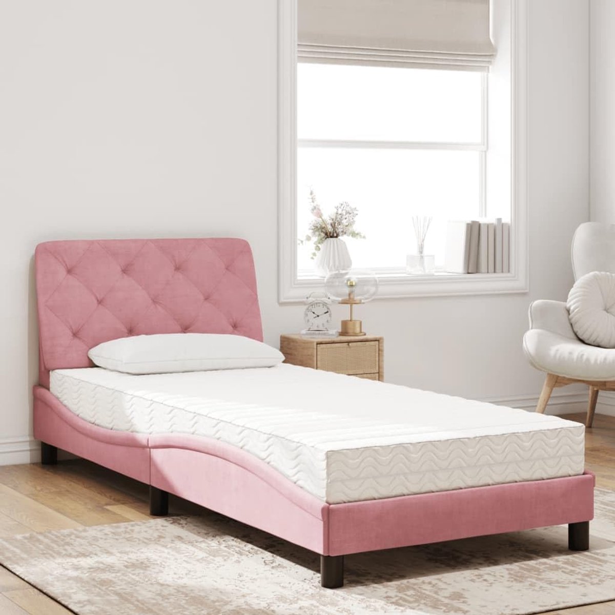 Bed Schuimmatras Multiplex Lattenbodem Hoofdbord Roze 80x200 cm