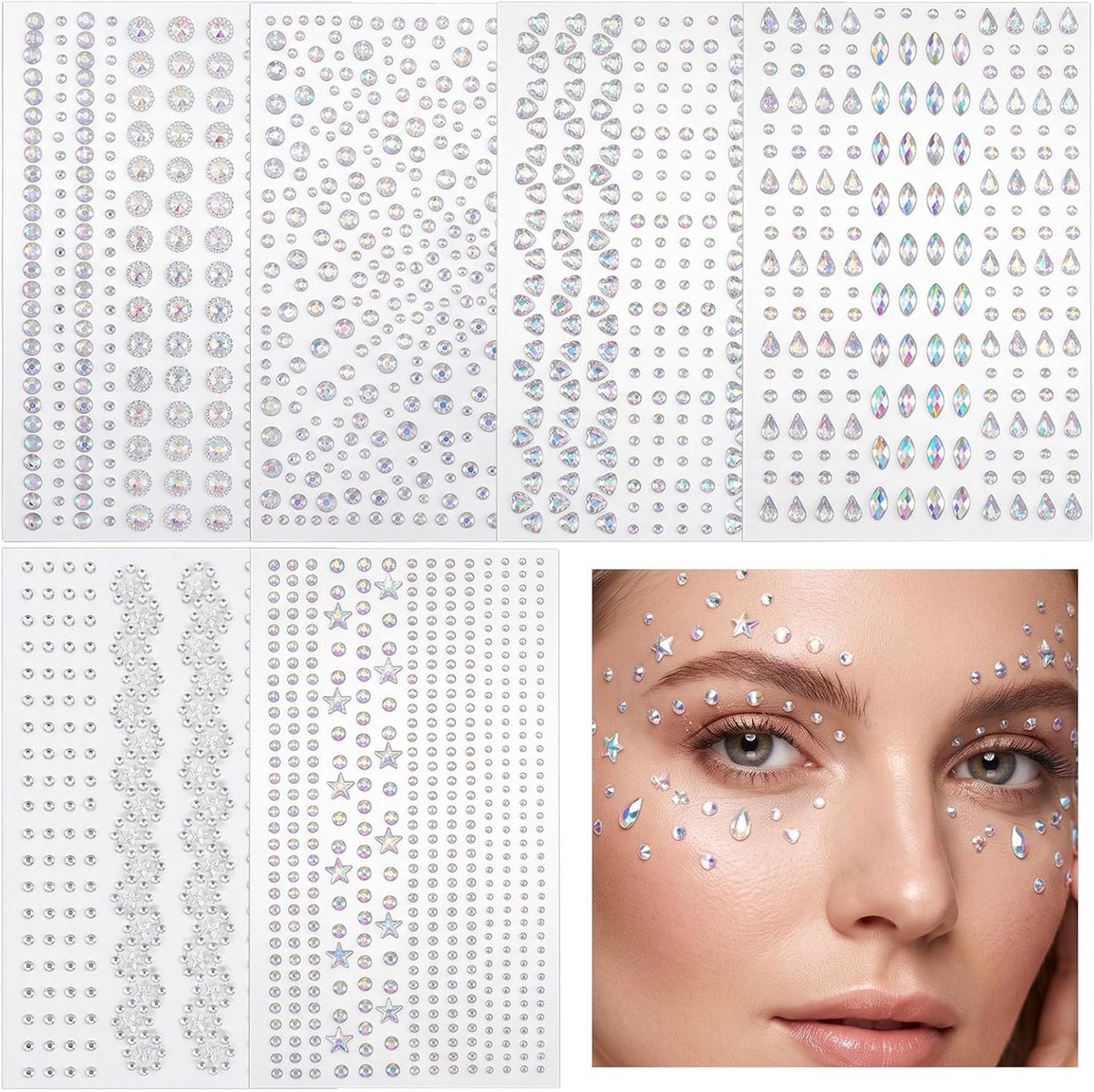 1965 stuks glitterstenen, zelfklevend, 6 vellen glitterstenen gezicht