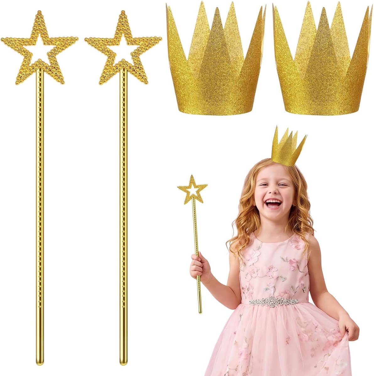 4 stuks prinsessenaccessoires voor kinderen, prinsessenkostuumset, 2 prinsessenkroon en 2 toverstaf, geschikt voor Halloween-kostuums, carnaval en Kerstmis