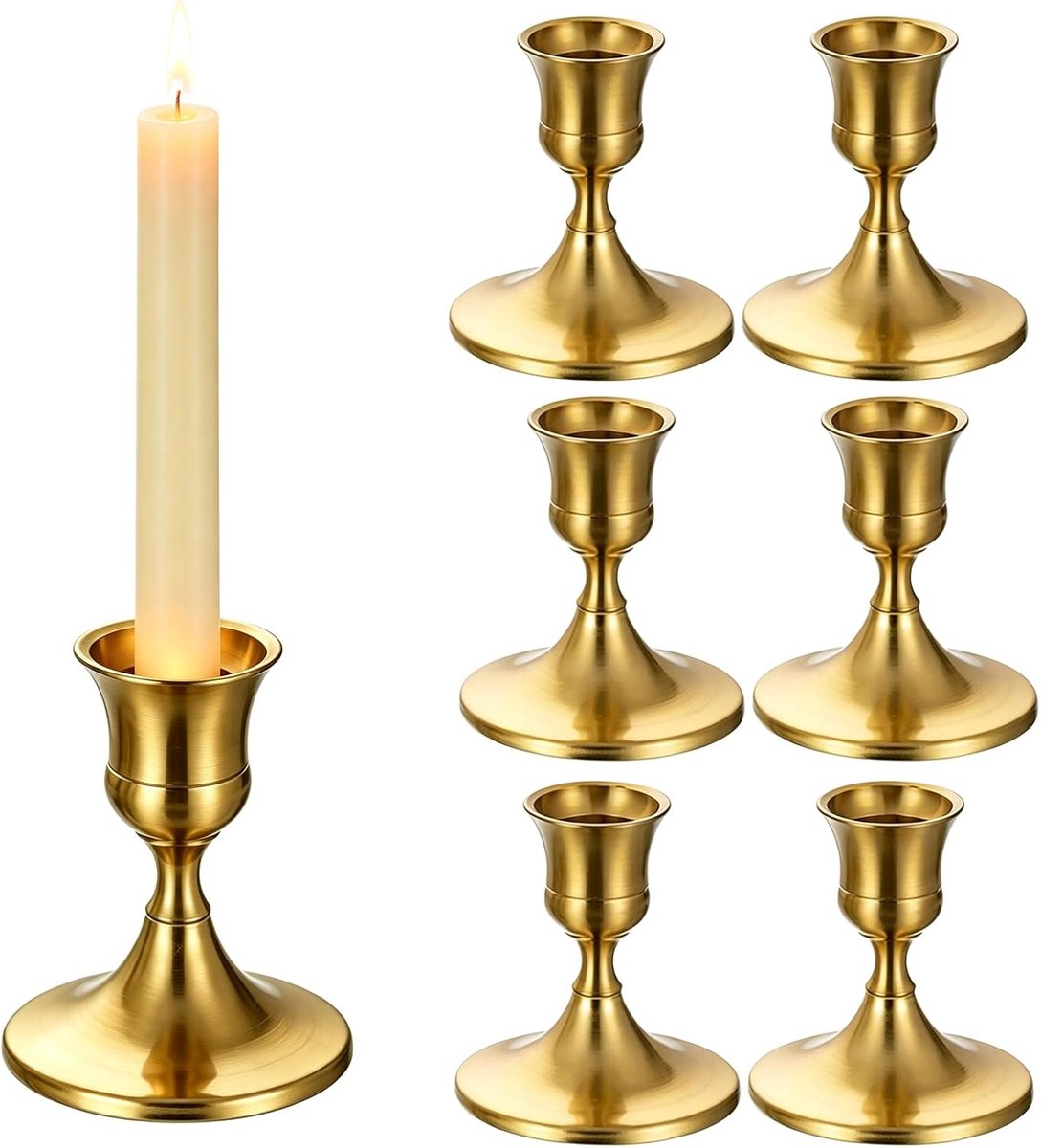 Kandelaar, kandelaar, goud, 6 set, kaarsenhouder, staafkaarsen, messing, kandelaar, metaal, taps toelopende kandelaar, voor diner, bruiloft, huis, tafeldecoratie, open haarddecoratie