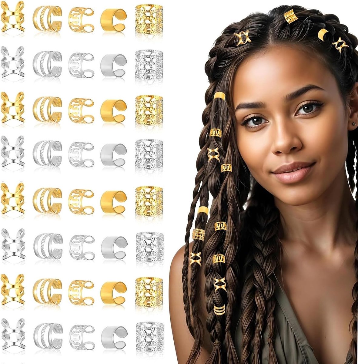 160 stuks haaraccessoires, vlecht- en dreadlock-accessoires in goud en zilver, haarringen voor dames, Afrikaanse vlechten, clips en hangers voor zelfgemaakte kapsels