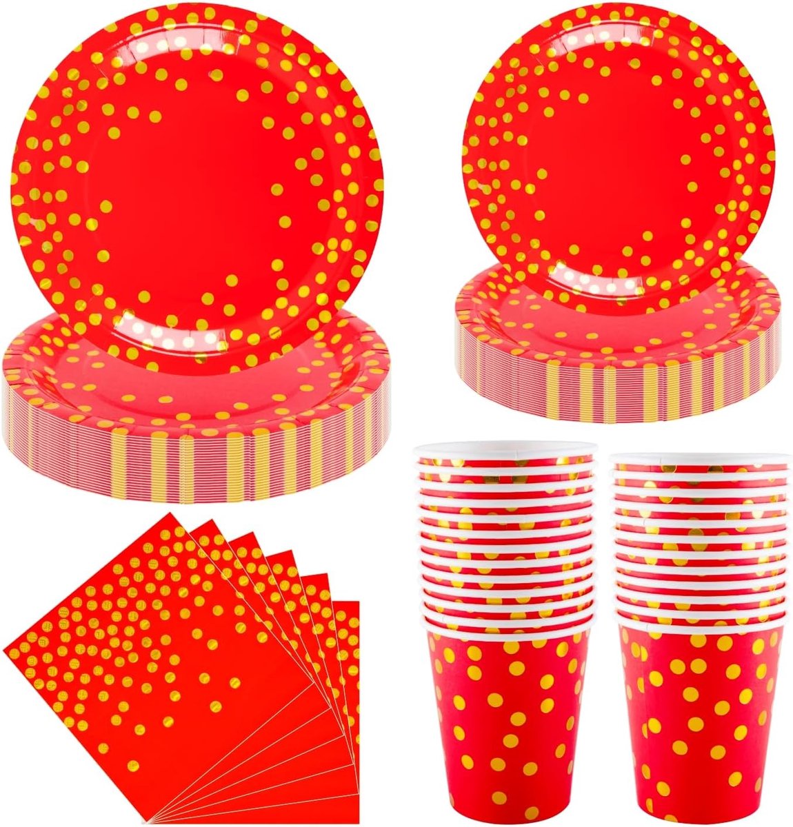 100 STKS Rode Party Servies Set, CEILIWEN Rood & Goud Polka Dot Papier Platen
