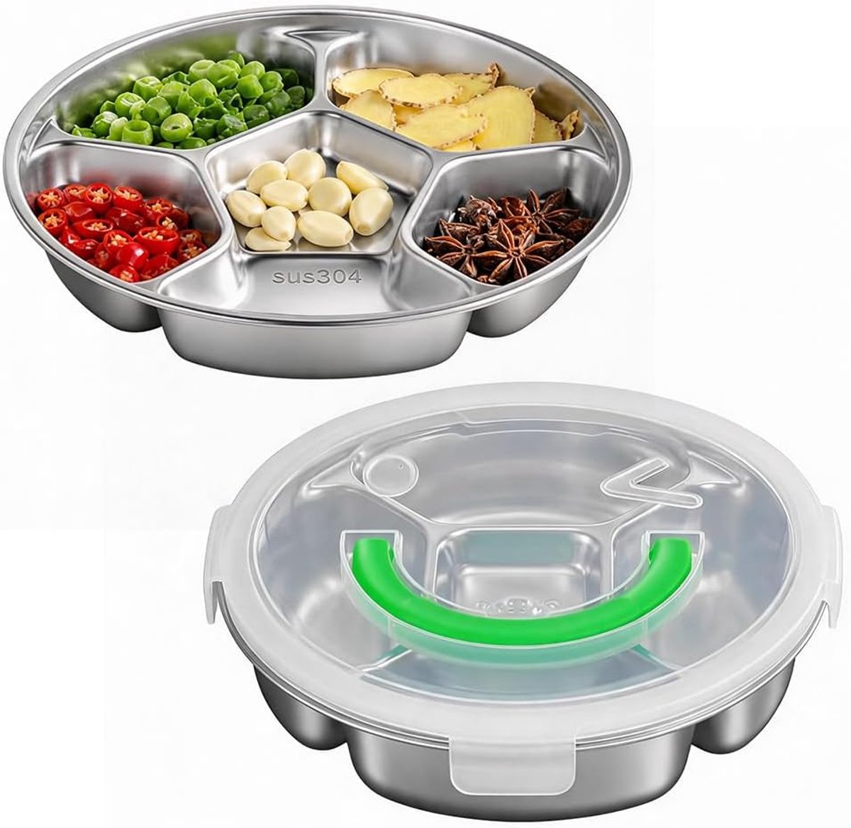 Stalen snackbord met 5 vakken, multifunctionele verdeelde snackbox, ronde snackplaat met deksel en handvat, draagbare snackdoos, organizer voor fruit, snacks, groentebereiding, feest