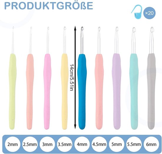 Complete Haaknaalden Set van 9 Stuks 2-6 mm Ergonomisch met Kleurige Haakkoppen en 20 Steekmarkeerders voor Beginners en Gevorderden — afbeelding 2